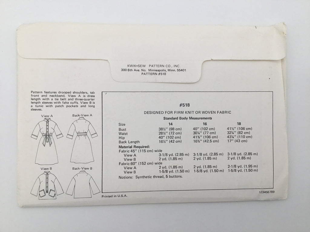 Kwik Sew 518 Dress or Tunic - Vintage Uncut Sewing Pattern