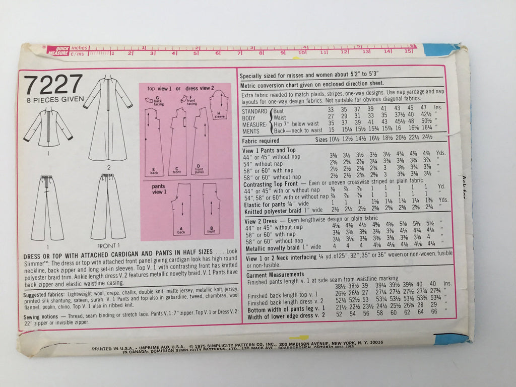 Simplicity 7227 (1975) Dress. Top, and Pants - Vintage Uncut Sewing Pattern