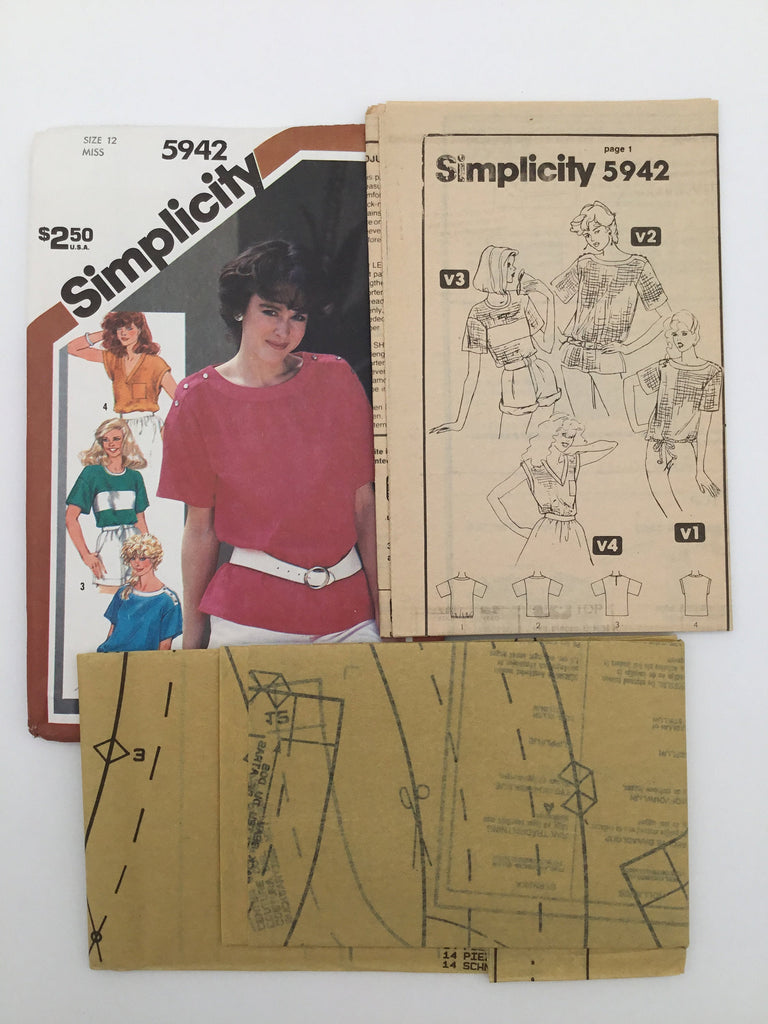 Simplicity 5942 (1983) Top with Neckline and Sleeve Variations - Vintage Uncut Sewing Pattern