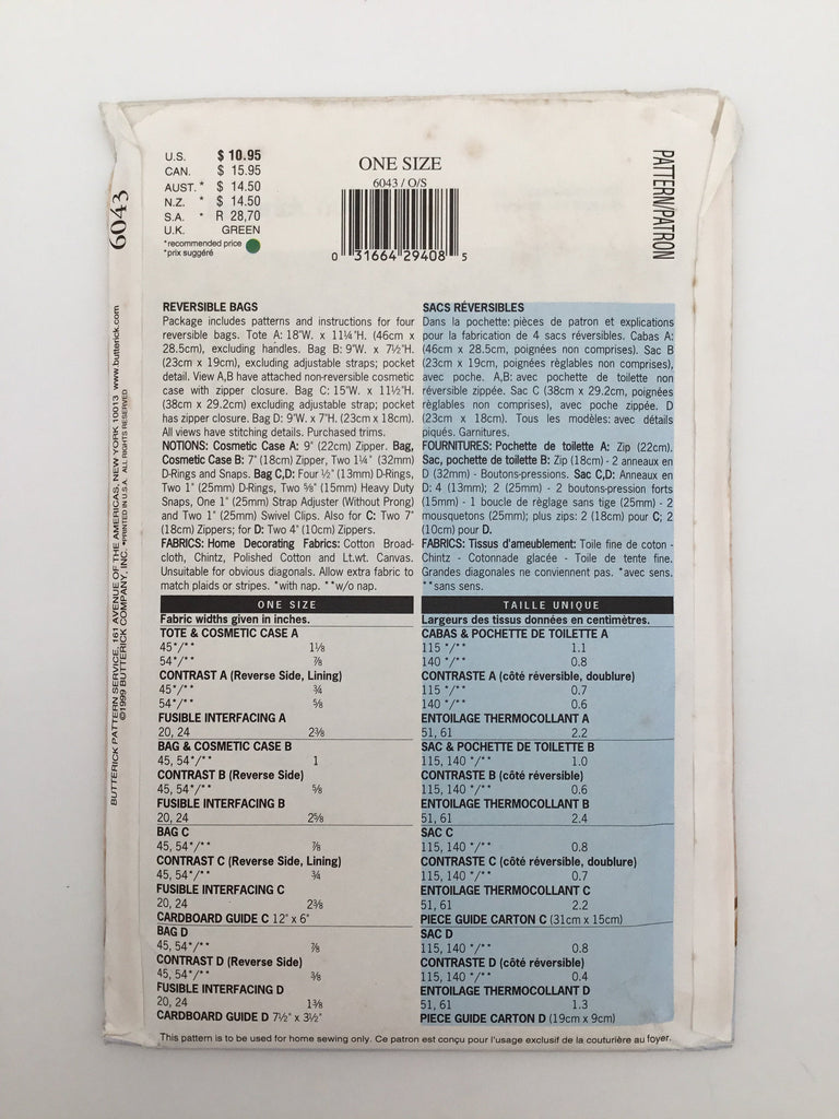 Butterick 6043 (1999) Reversible Bags - Vintage Uncut Sewing Pattern