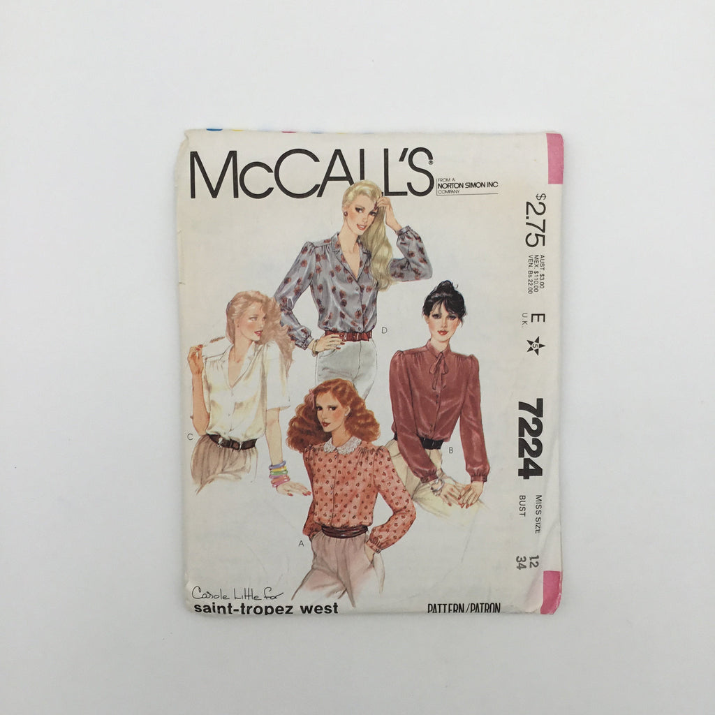 McCall's 7224 (1980) Blouse with Neckline and Sleeve Variations - Vintage Uncut Sewing Pattern