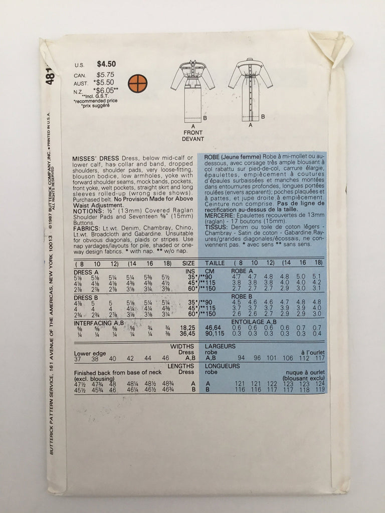 Butterick 4811 (1987) Dress - Vintage Uncut Sewing Pattern