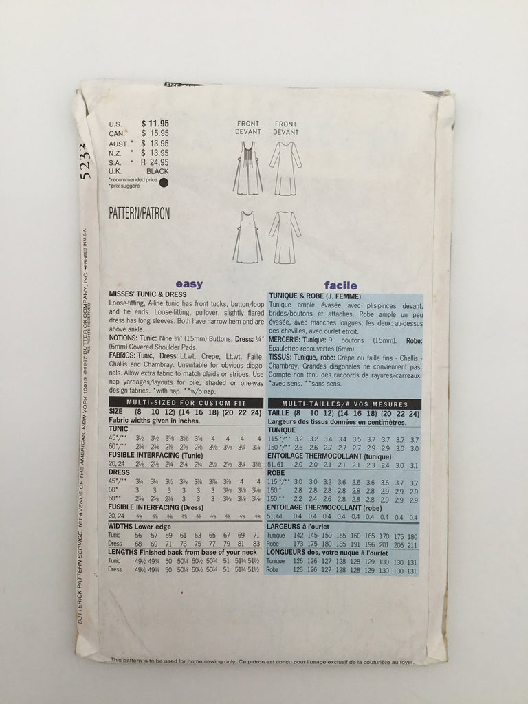 Butterick 5233 (1997) Tunic and Dress - Vintage Uncut Sewing Pattern