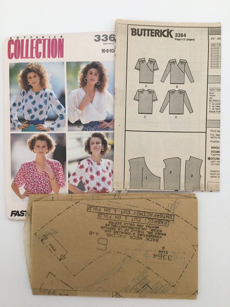 Butterick 3364 (1989) Blouse with Neckline and Sleeve Variations - Vintage Uncut Sewing Pattern