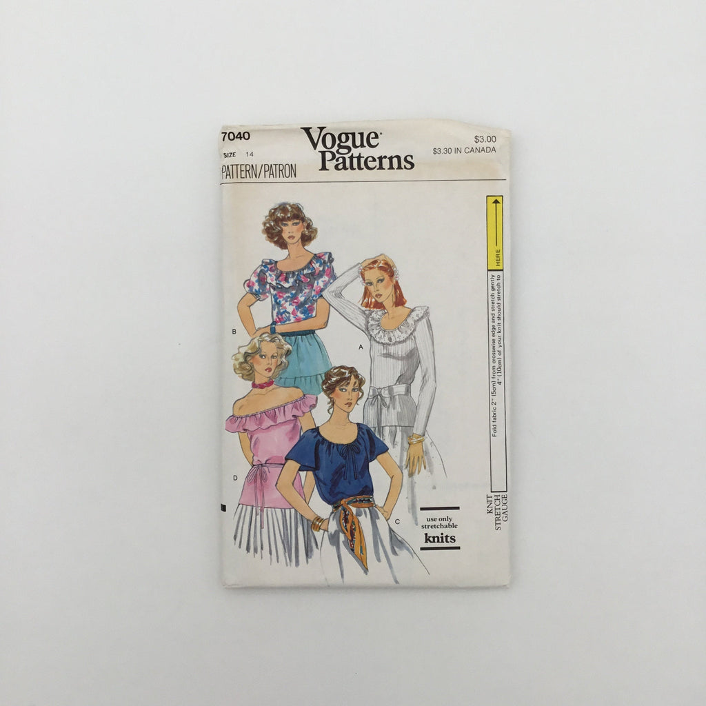 Vogue 7040 Tops with Collar and Sleeve Variations  - Vintage Uncut Sewing Pattern