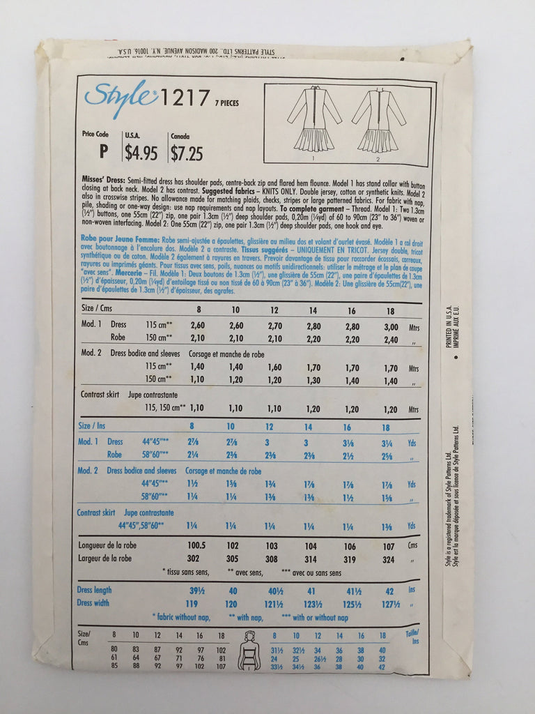 Style 1217 (1987) Dress with Neckline Variations - Vintage Uncut Sewing Pattern