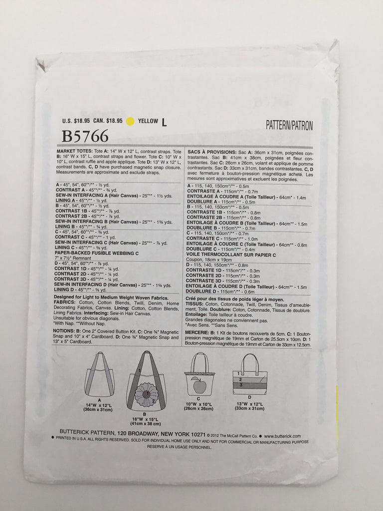 Butterick 5766 (2012) Market Totes - Uncut Sewing Pattern