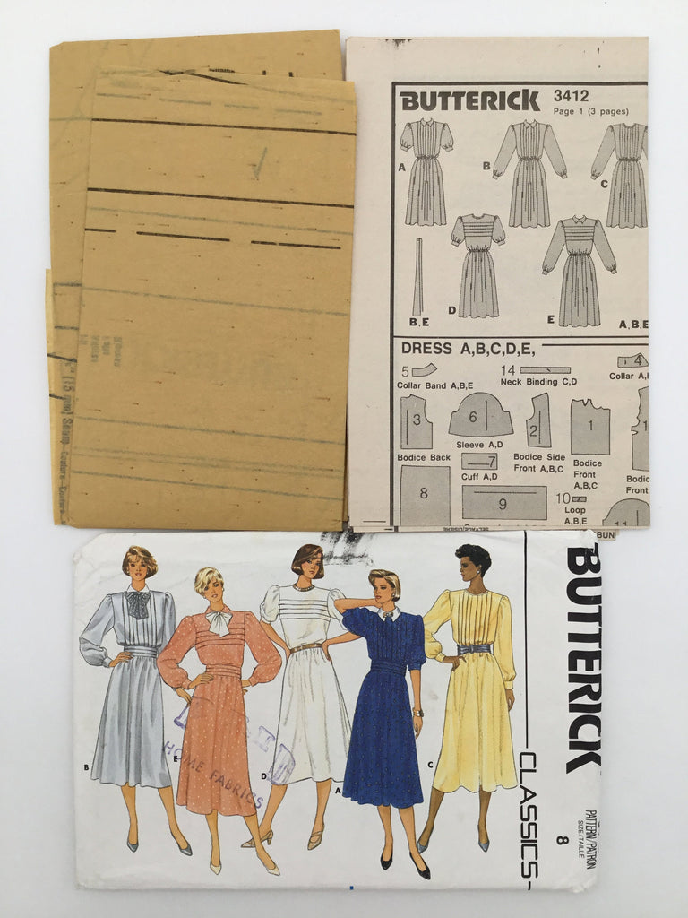 Butterick 3412 (1985) Dress with Collar and Sleeve Variations - Vintage Uncut Sewing Pattern