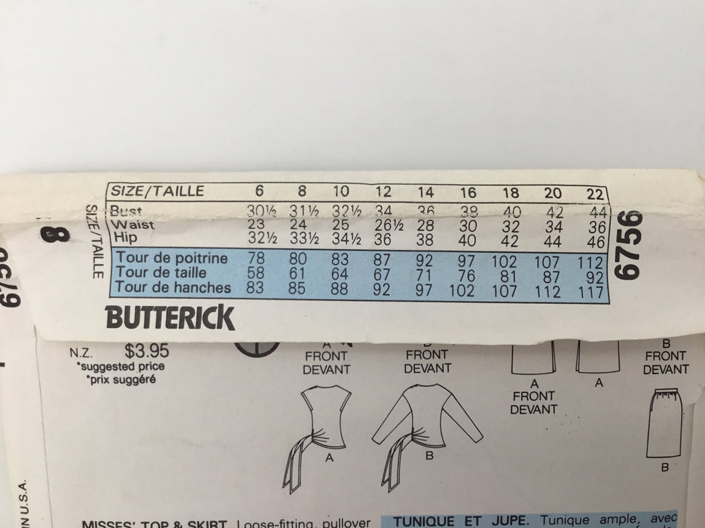 Butterick 6756 Top and Skirt - Vintage Uncut Sewing Pattern