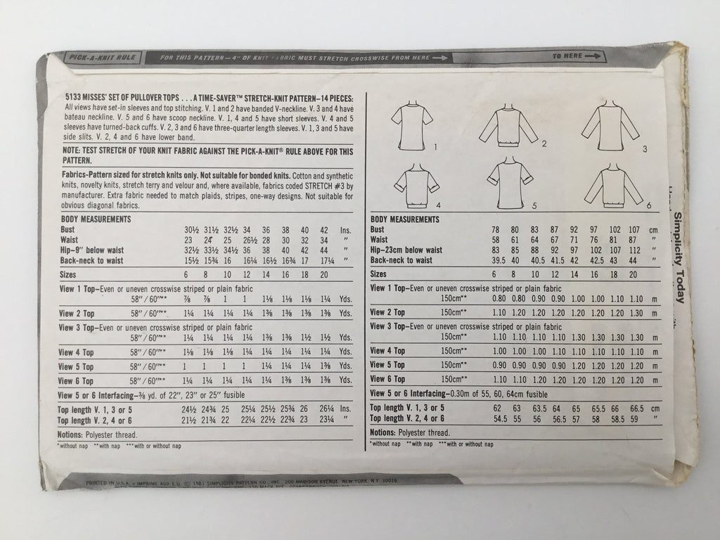Simplicity 5133 (1981) Tops with Neckline and Sleeve Variations - Vintage Uncut Sewing Pattern