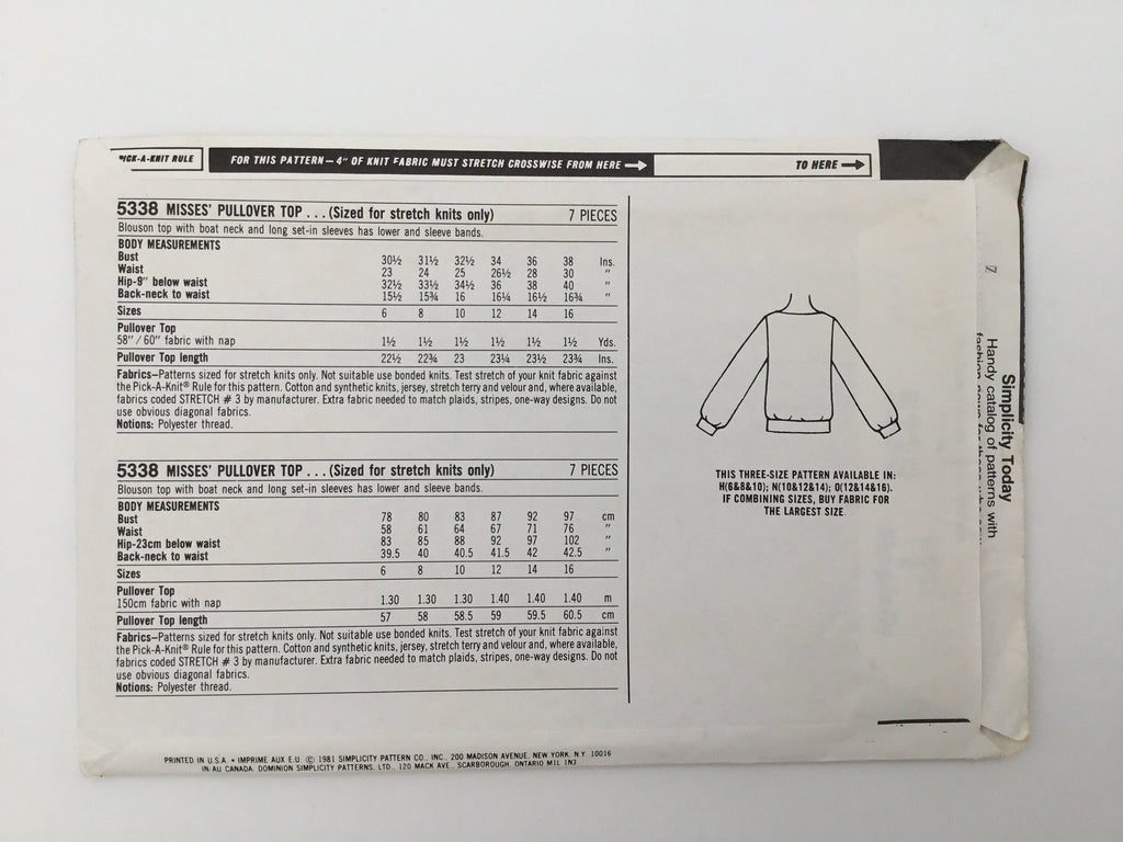Simplicity 5338 (1981) Top - Vintage Uncut Sewing Pattern