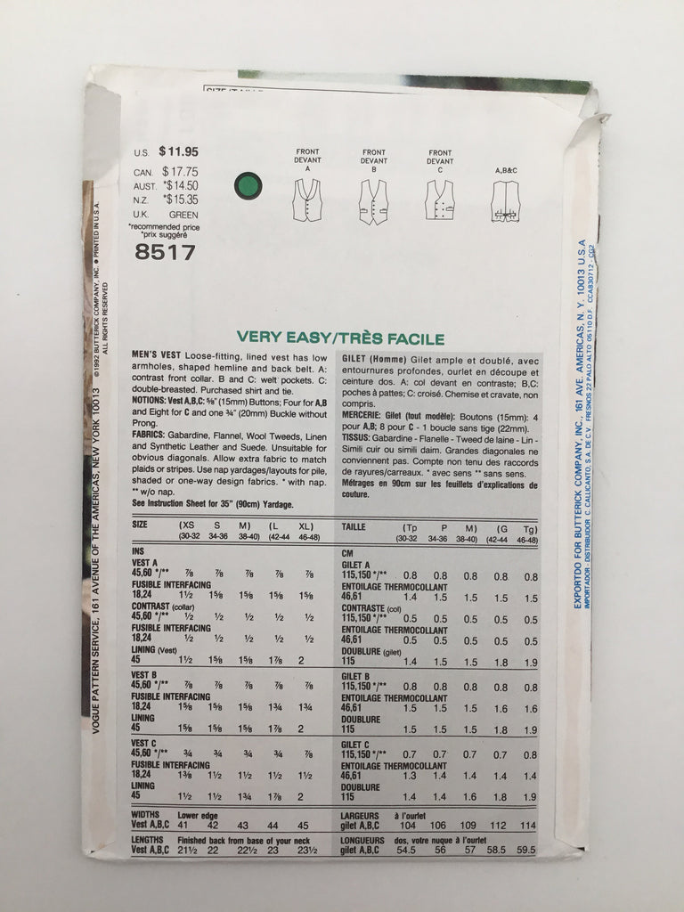 Vogue 8517 (1992) Vest - Vintage Uncut Sewing Pattern