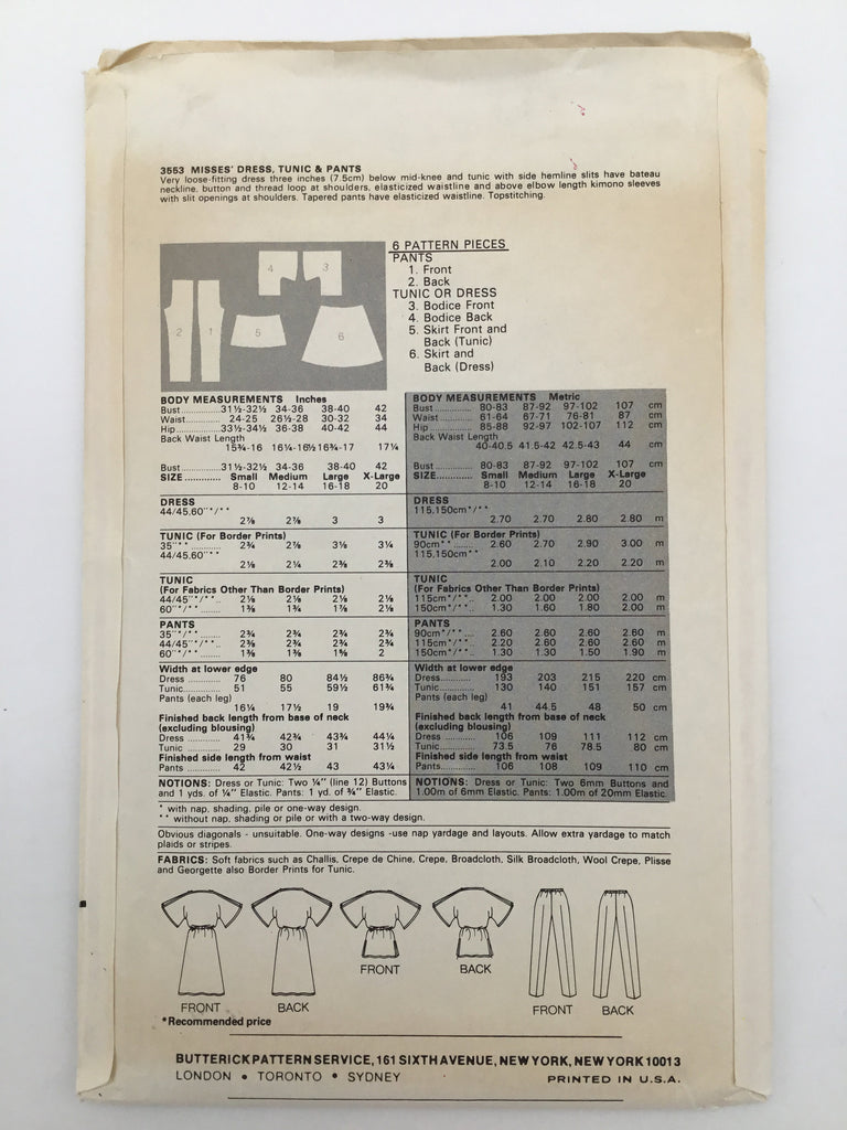 Butterick 3553 Dress, Tunic, and Pants - Vintage Uncut Sewing Pattern