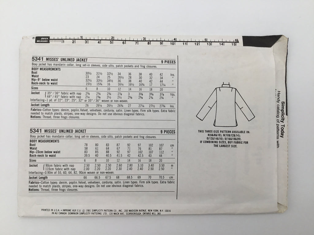 Simplicity 5341 (1981) Jacket - Vintage Uncut Sewing Pattern