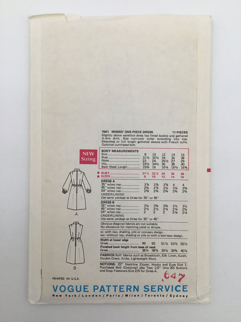 Vogue 7661 Dress with Sleeve Variations  - Vintage Uncut Sewing Pattern