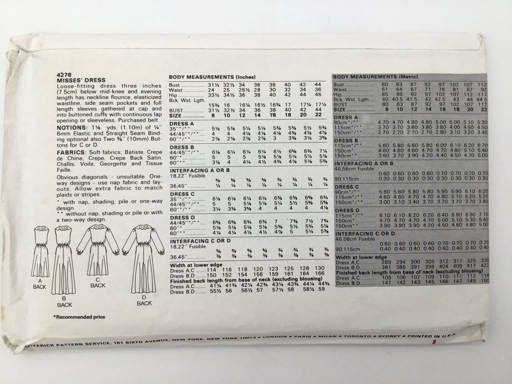 Butterick 4278 Dress with Sleeve and Length Variations - Vintage Uncut Sewing Pattern