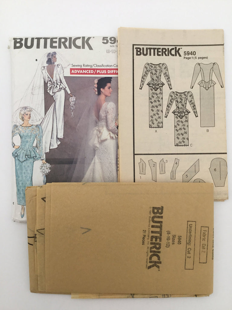 Butterick 5940 (1987) Wedding Gown with Peplum and Optional Train - Vintage Uncut Sewing Pattern