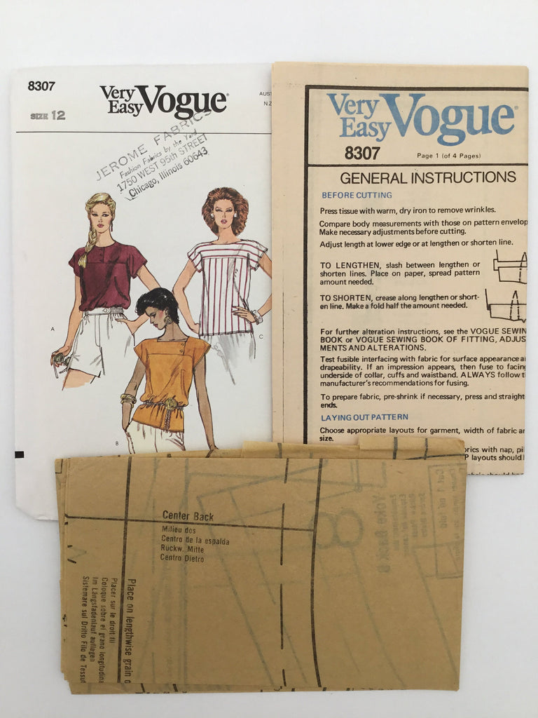 Vogue 8307 Top with Neckline Variations - Vintage Uncut Sewing Pattern