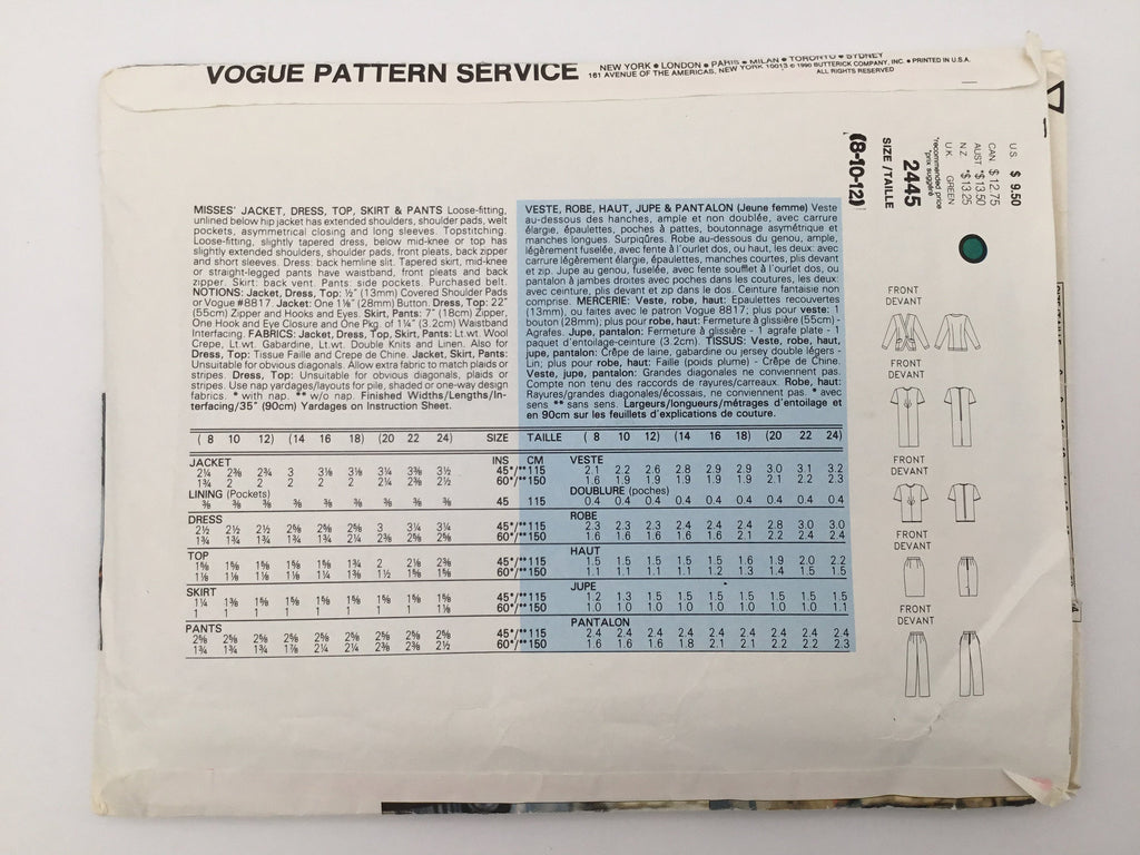 Vogue 2445 (1990) Jacket, Dress, Top, Skirt, and Pants - Vintage Uncut Sewing Pattern