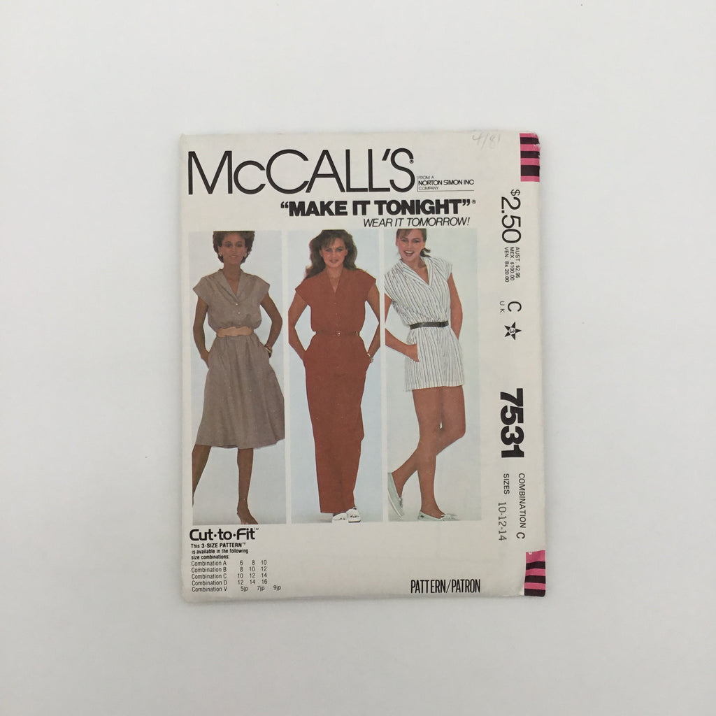 McCall's 7531 (1981) Dress and Jumpsuit with Length Variations - Vintage Uncut Sewing Pattern