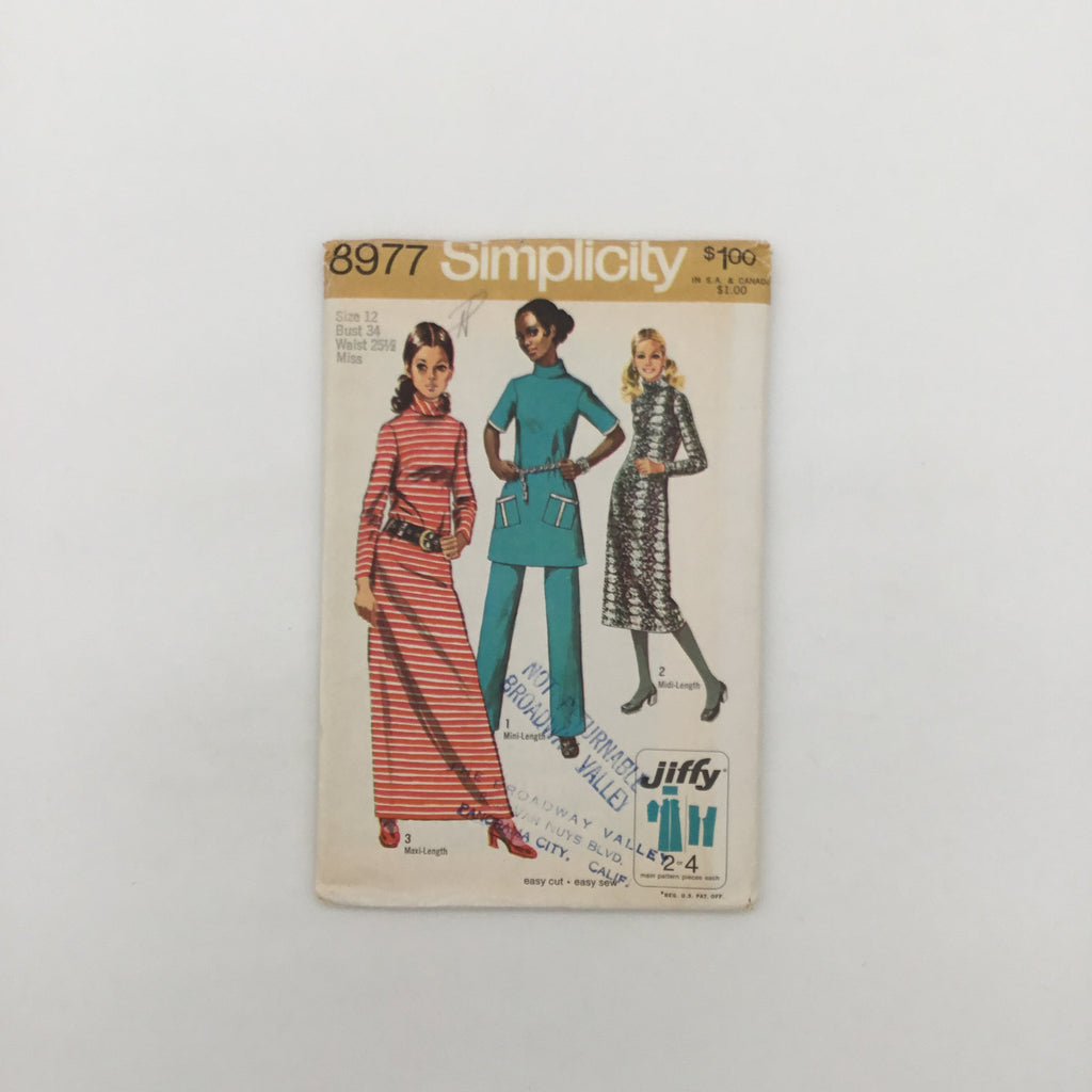 Simplicity 8977 (1970) Dress with Length Variations and Pants - Vintage Uncut Sewing Pattern