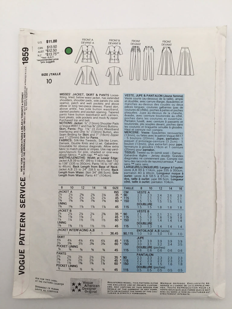 Vogue 1859 (1987) Jacket, Skirt, and Pants - Vintage Uncut Sewing Pattern