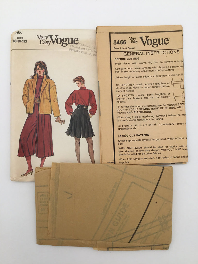 Vogue 8466 Jacket, Top, and Culottes - Vintage Uncut Sewing Pattern