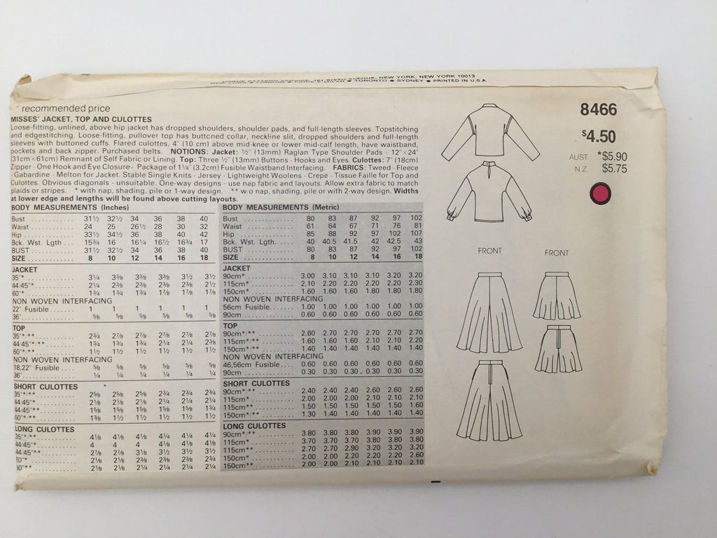 Vogue 8466 Jacket, Top, and Culottes - Vintage Uncut Sewing Pattern