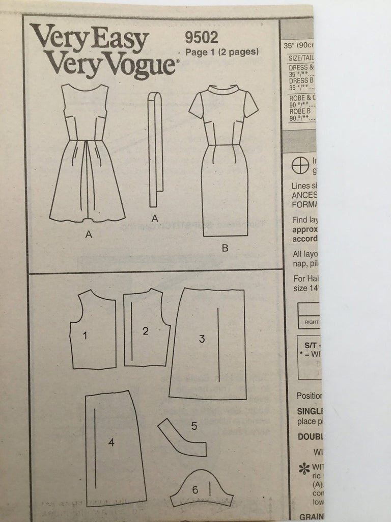 Vogue 9502 (1996) Dress with Neckline and Sleeve Variations - Vintage Uncut Sewing Pattern