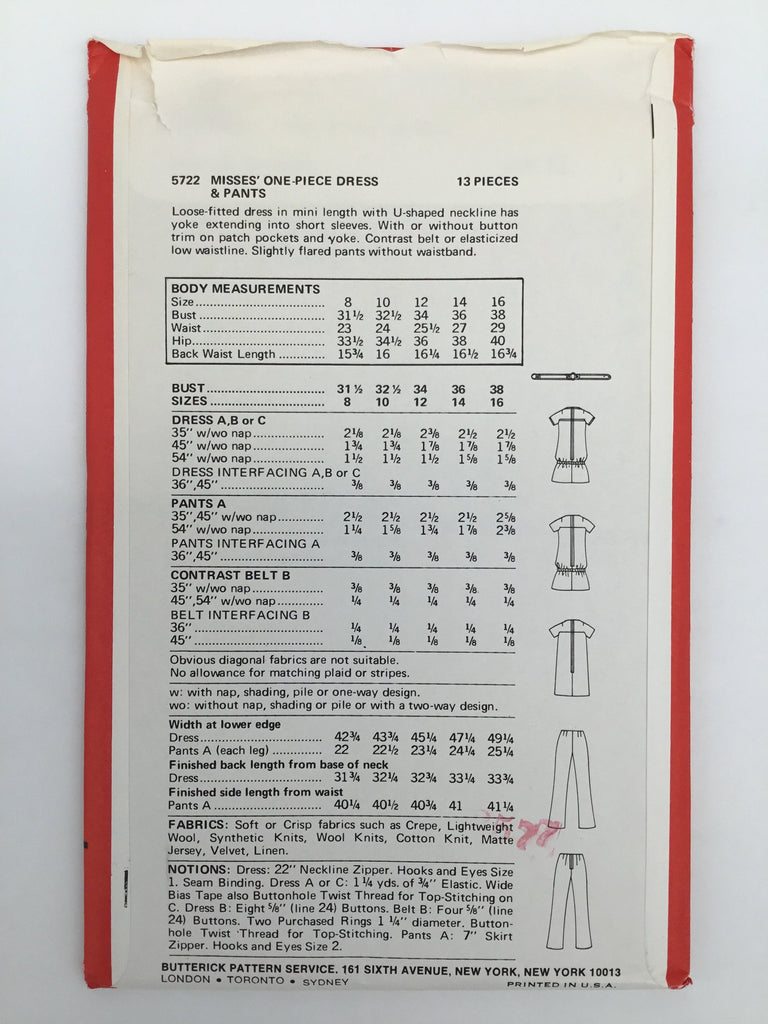 Butterick 5722 Dress, Tunic, and Pants - Vintage Uncut Sewing Pattern