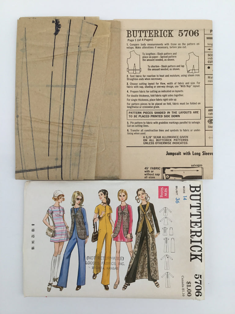 Butterick 5706 Jumpsuit, Dress, and Vest - Vintage Uncut Sewing Pattern