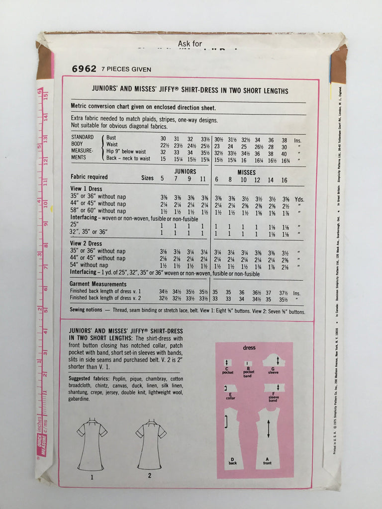 Simplicity 6962 (1975) Dress - Vintage Uncut Sewing Pattern
