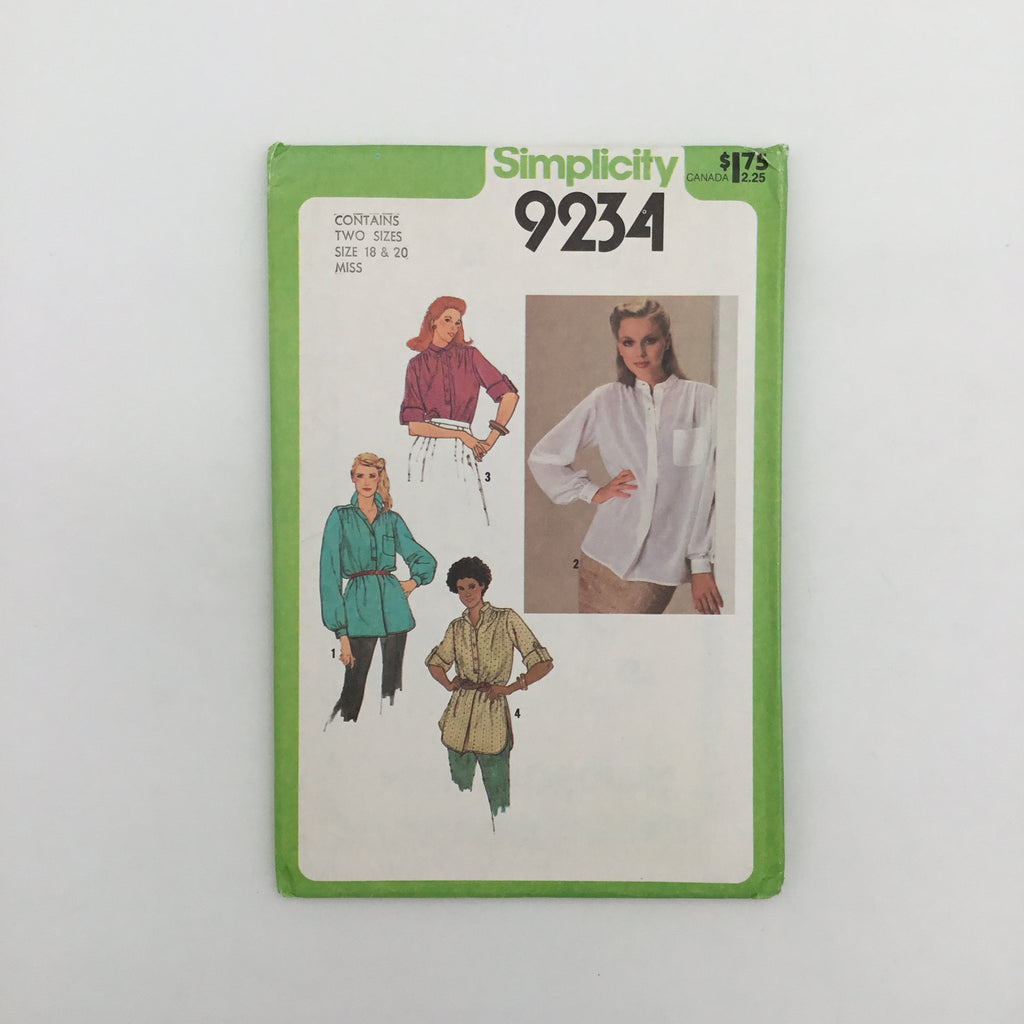 Simplicity 9234 (1979) Tunic or Shirt with Neckline and Sleeve Variations - Vintage Uncut Sewing Pattern