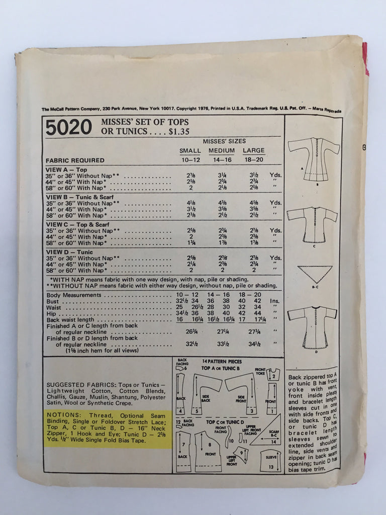 McCall's 5020 (1976) Top or Tunic with Style Variations - Vintage Uncut Sewing Pattern