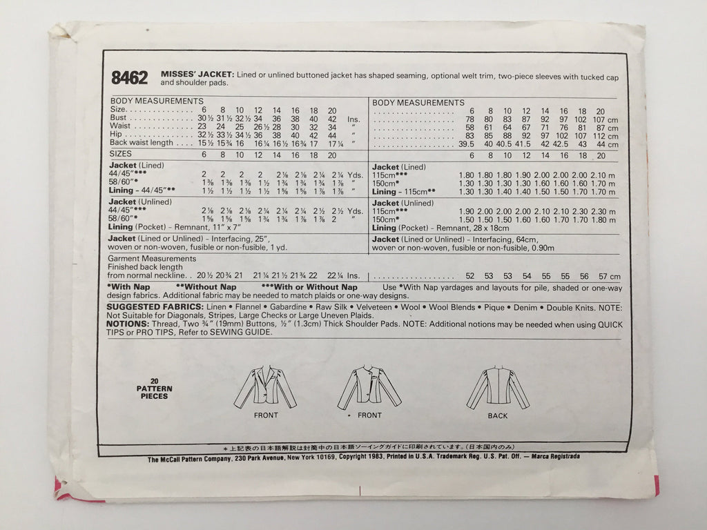 McCall's 8462 (1983) Jacket - Vintage Uncut Sewing Pattern