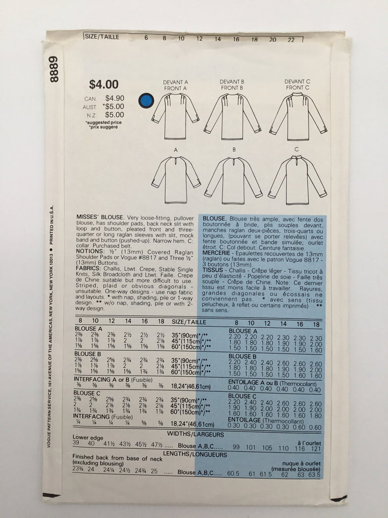 Vogue 8889 Blouse with Neckline and Sleeve Variations - Vintage Uncut Sewing Pattern