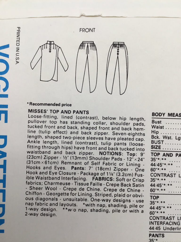Vogue 1031 Top and Pants - Vintage Uncut Sewing Pattern