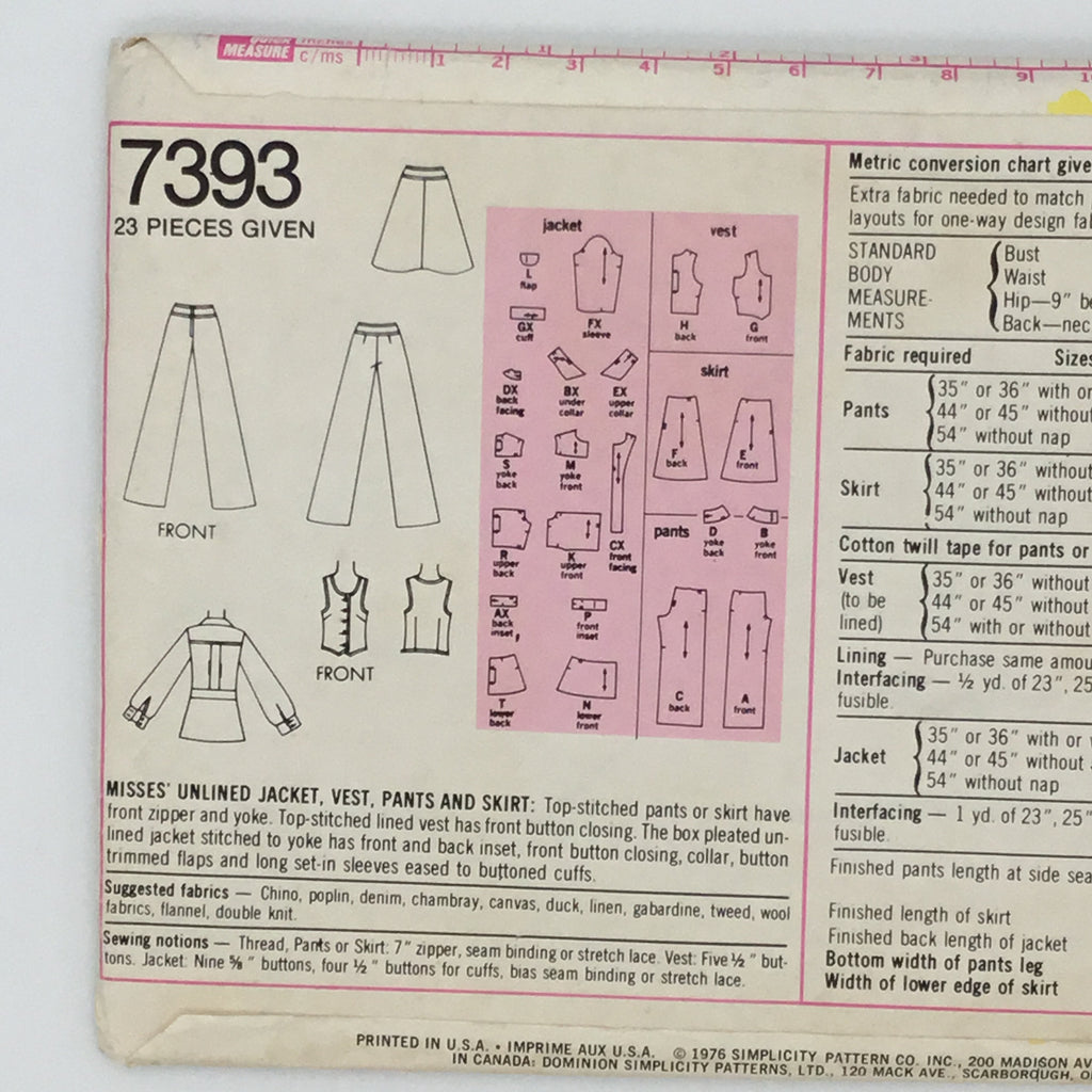 Simplicity 7393 (1976) Jacket, Vest, Pants, and Skirt - Vintage Uncut Sewing Pattern