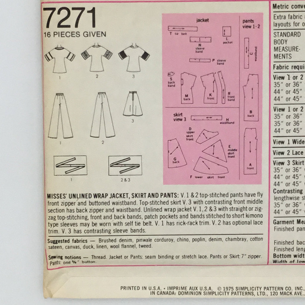 Simplicity 7271 (1975) Jacket, Skirt, and Pants - Vintage Uncut Sewing Pattern