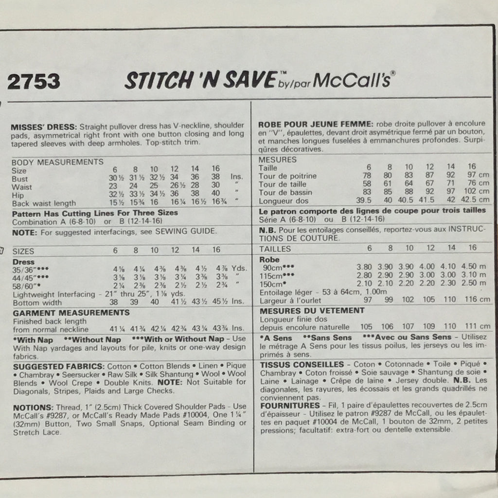 McCall's 2753 (1986) Dress - Vintage Uncut Sewing Pattern