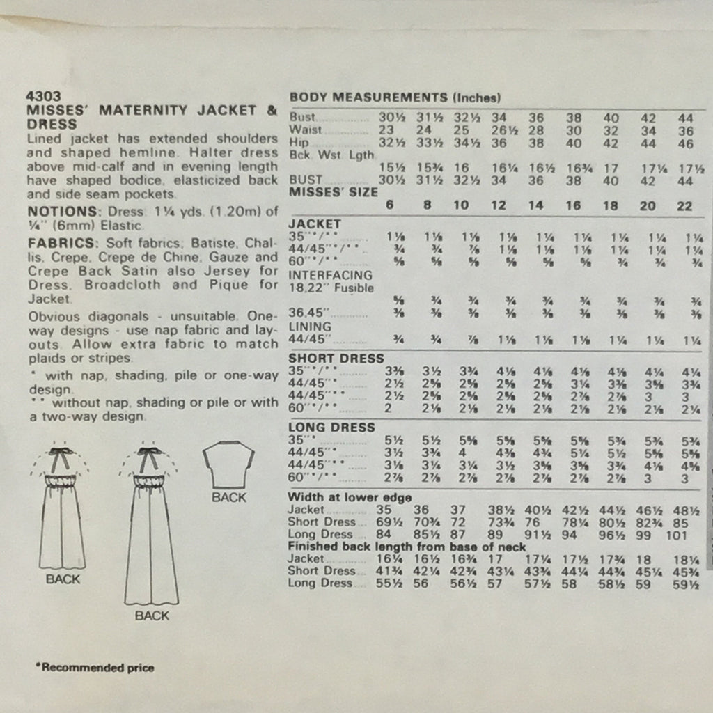 Butterick 4303 Maternity Jacket and Dress - Vintage Uncut Sewing Pattern