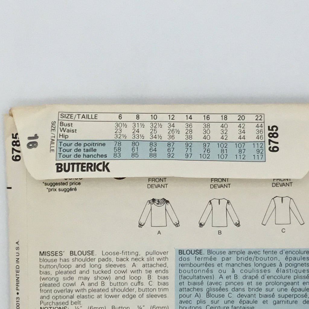 Butterick 6785 Blouse with Sleeve and Style Variations - Vintage Uncut Sewing Pattern