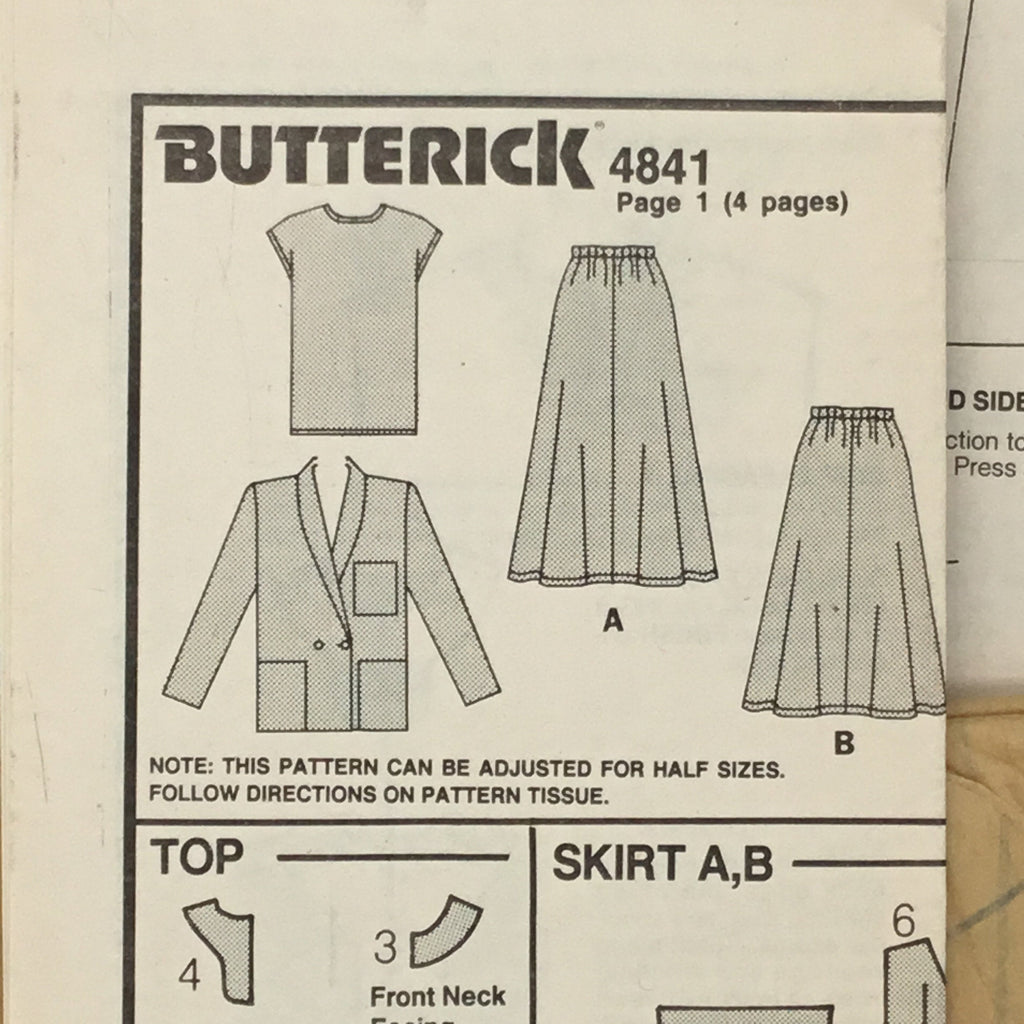 Butterick 4841 (1987) Jacket, Top, and Skirt - Vintage Uncut Sewing Pattern