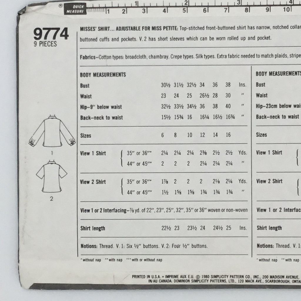 Simplicity 9774 (1980) Shirt with Sleeve Variations - Vintage Uncut Sewing Pattern
