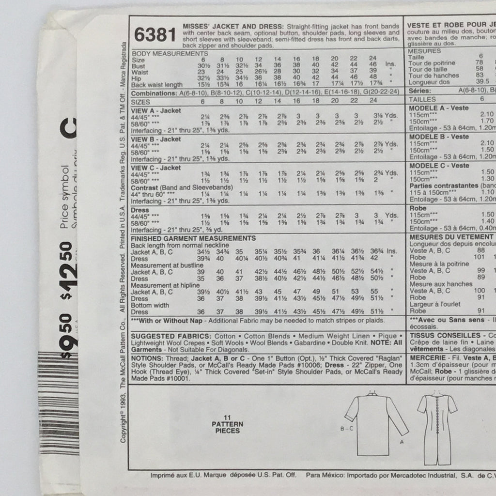 McCall's 6381 (1993) Dress and Jacket with Sleeve Variations - Vintage Uncut Sewing Pattern