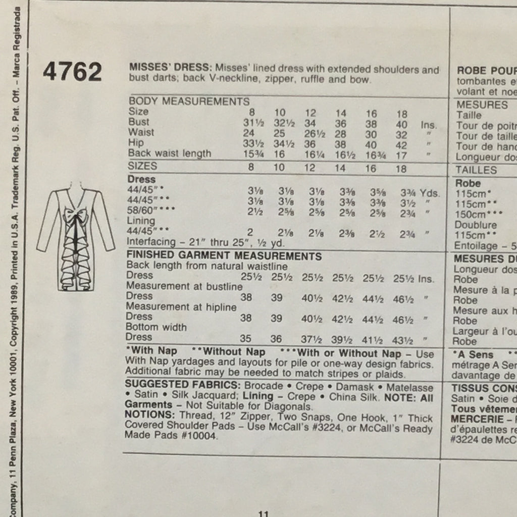 McCall's 4762 (1989) Dress - Vintage Uncut Sewing Pattern