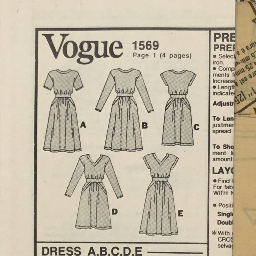 Vogue 1569 (1985) Dress with Neckline, Sleeve, and Length Variations - Vintage Uncut Sewing Pattern