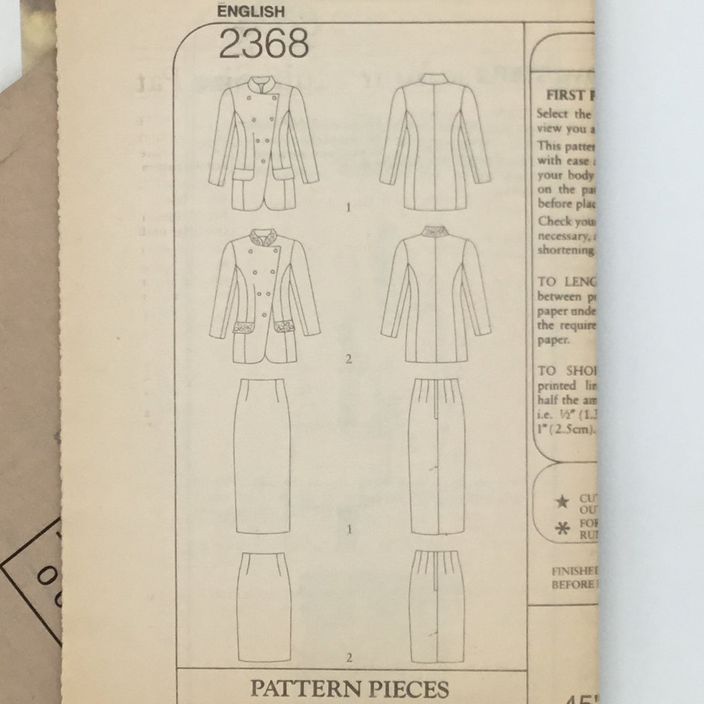 Style 2368 (1993) Jacket and Skirt with Length Variations - Vintage Uncut Sewing Pattern