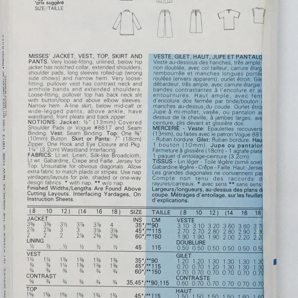 Vogue 9270 (1985) Jacket, Vest, Top, Skirt, and Pants - Vintage Uncut Sewing Pattern