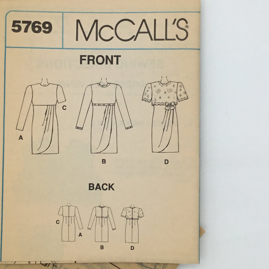 McCall's 5769 (1992) Dress with Sleeve Variations - Vintage Uncut Sewing Pattern